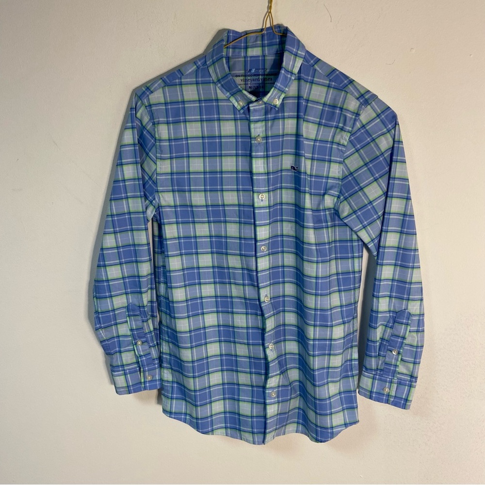 Vineyard Vines Boys On The Go Shirt Blue/Green Plaid Long Sleeve Med(12-14)